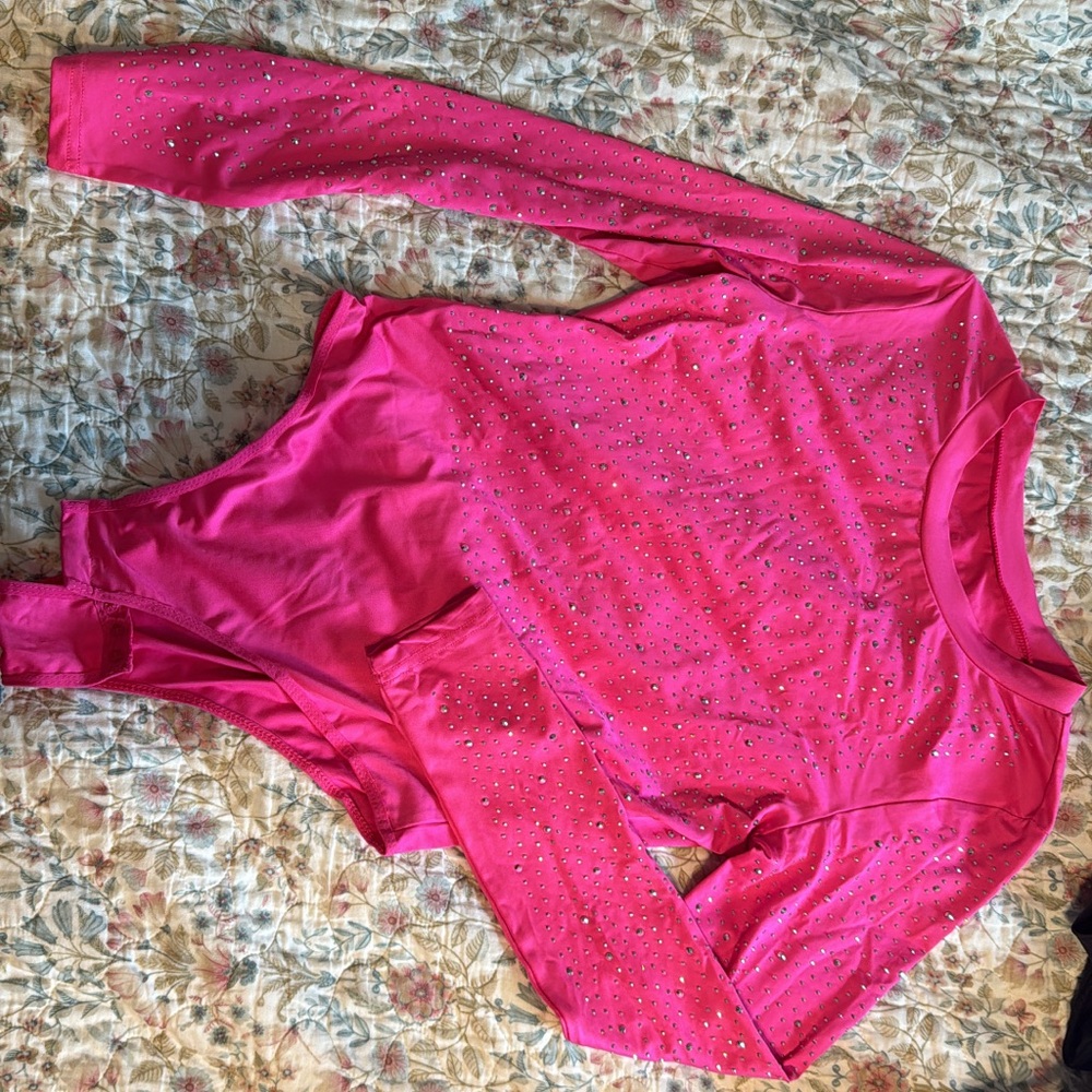 Pink Long Sleeve Bodysuit with Rhinestones